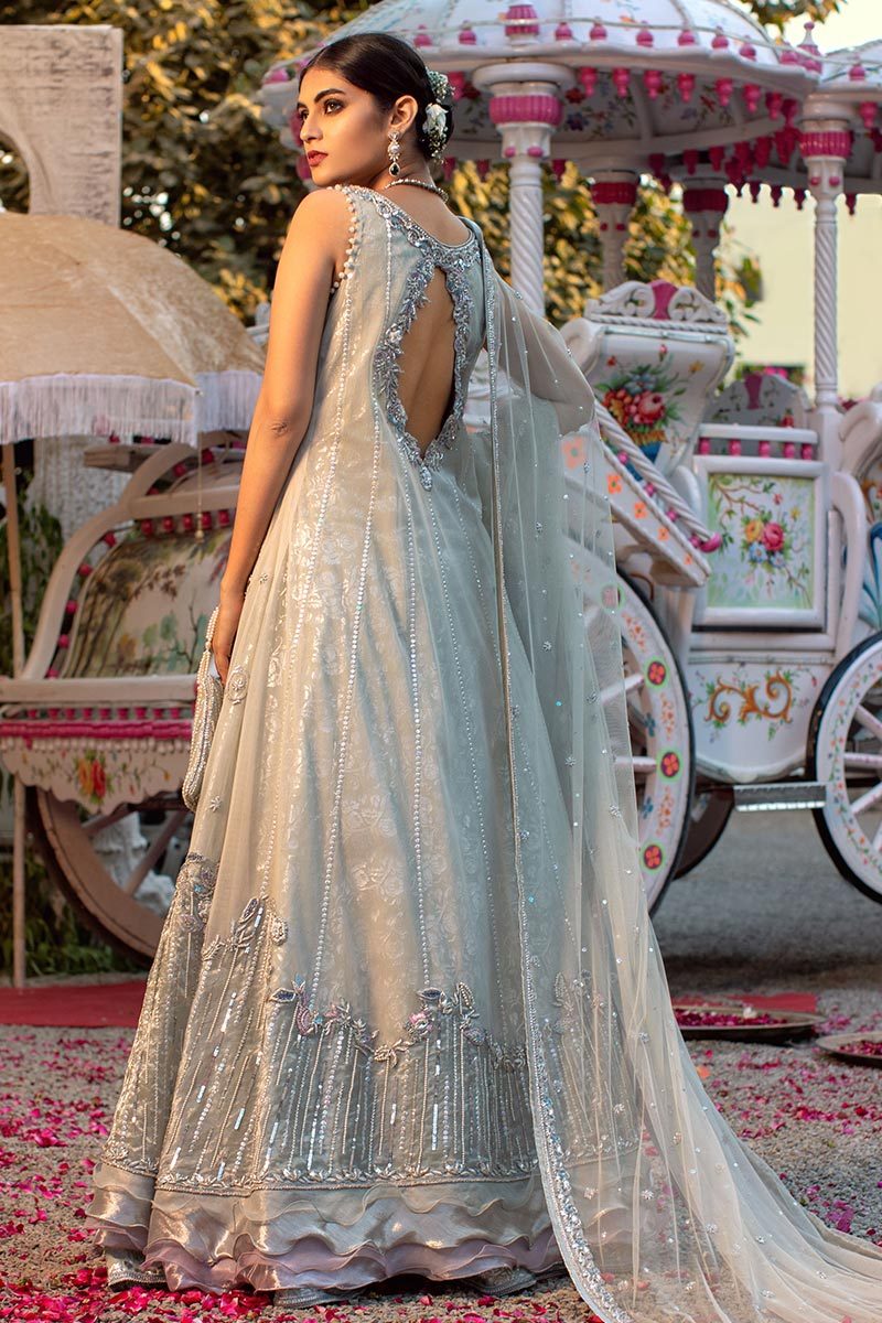 Bridal Gown Lehenga in Silver Color Backside View