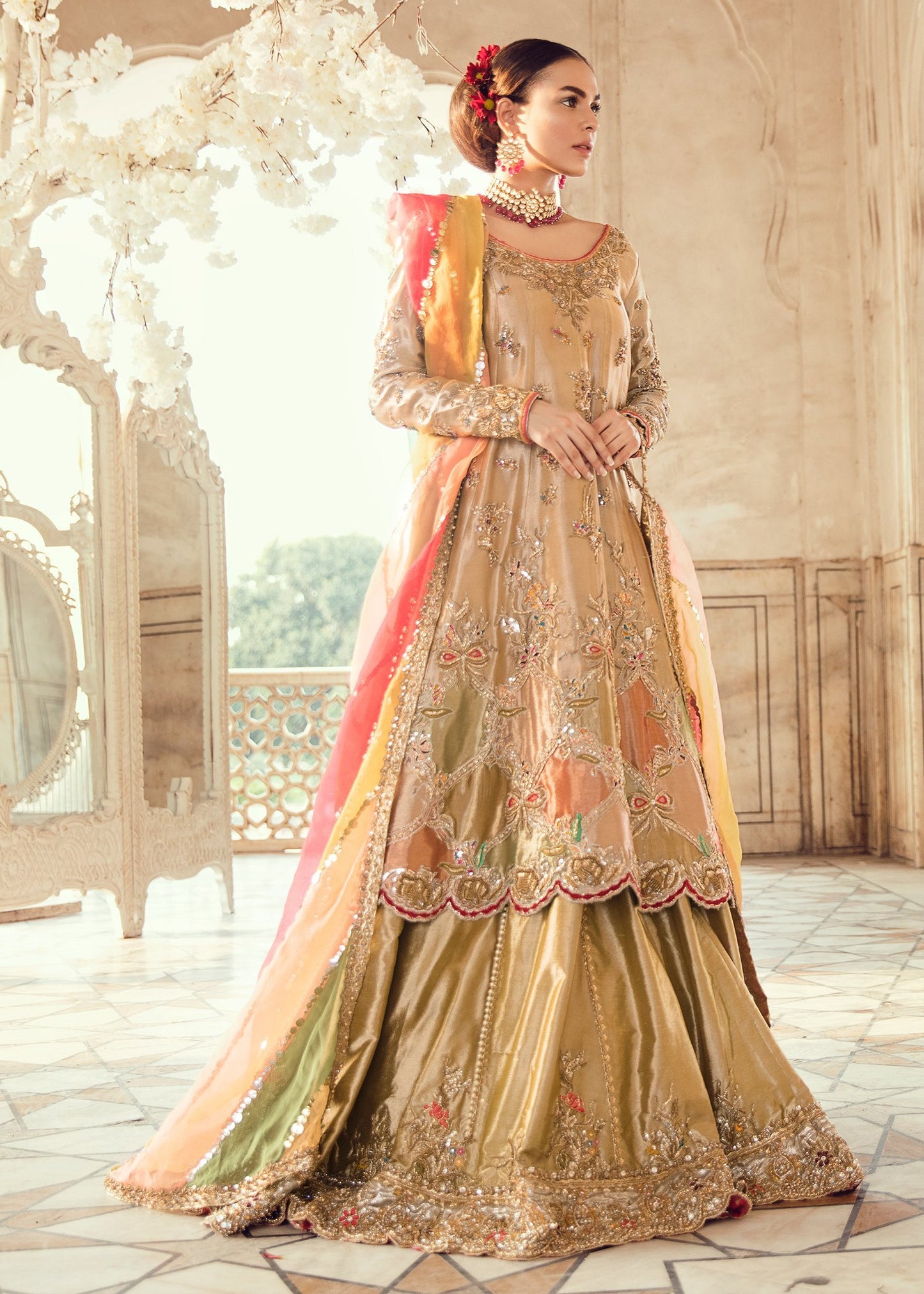 Pakistani Bridal Lehnga In gold pink Color With embroidered work # B6109
