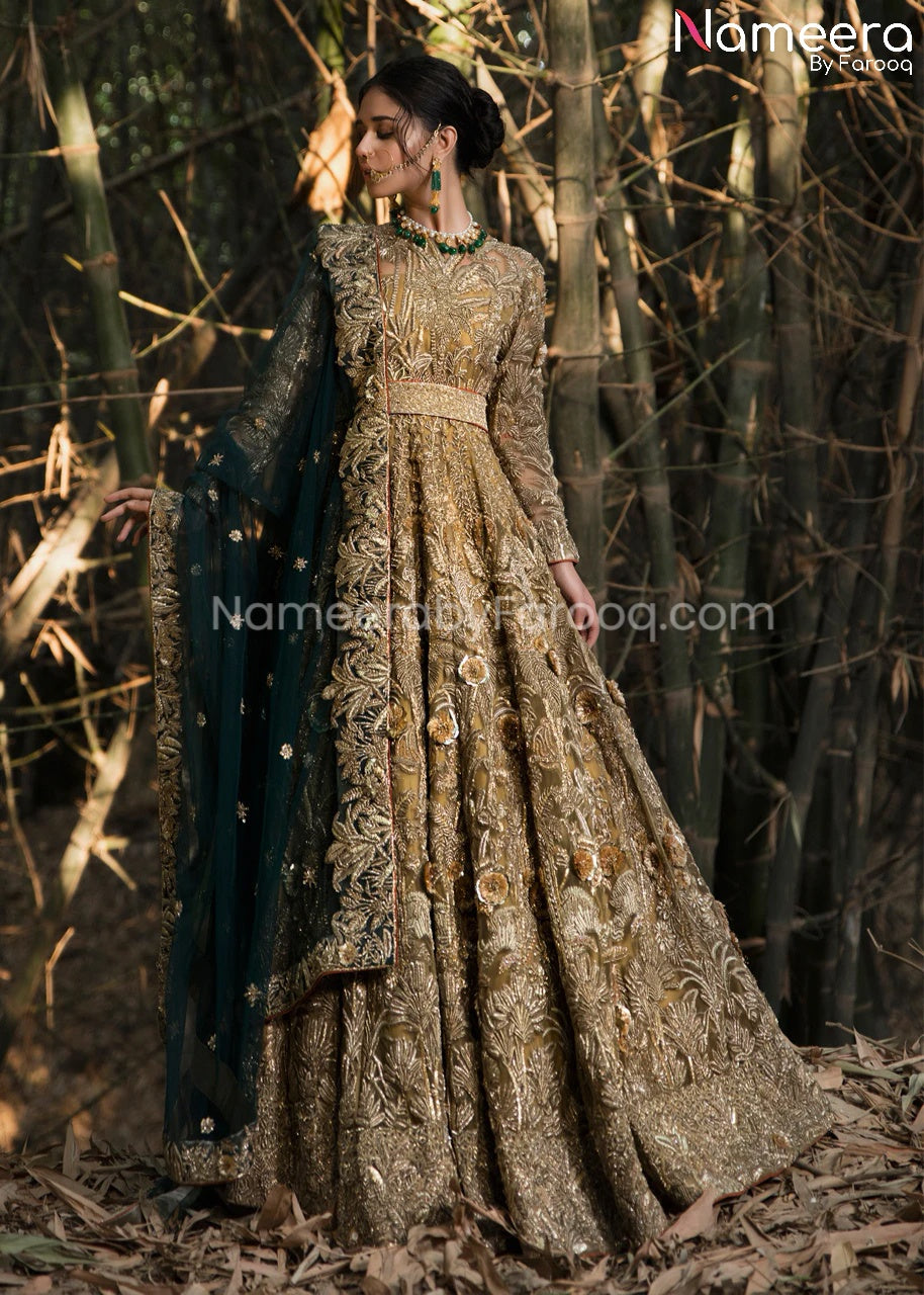 Floor Length Bridal Lehenga Dress in Golden Shade for Bride – BridalLehenga