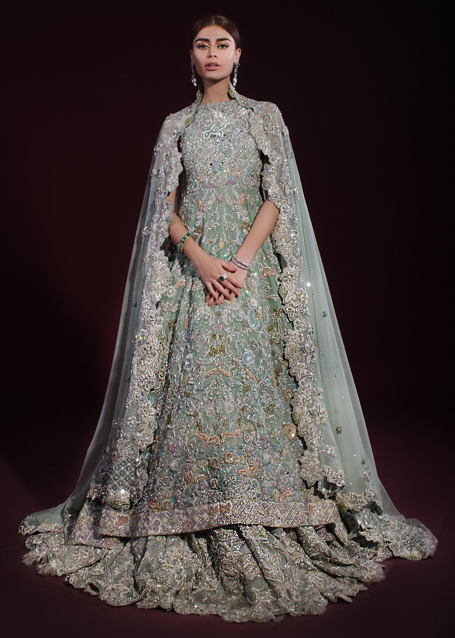 Pakistani Embellished Mint Bridal Lehenga Shirt for Bride – BridalLehenga