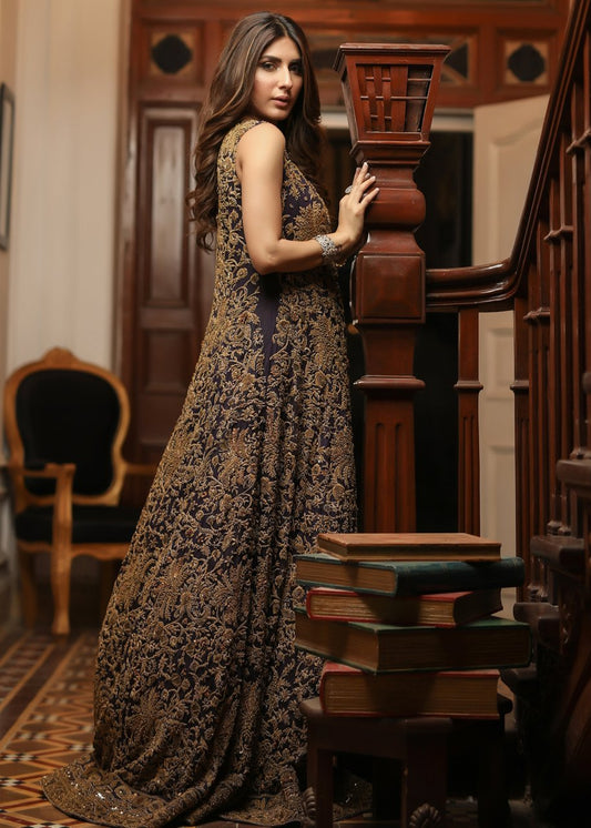 Pakistani Bridal Gown In Red Color With Dull Gold Embroidered Work # B6104