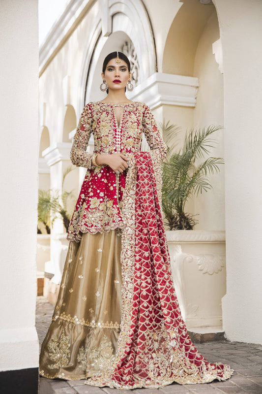 Latest embroidered Pakistani lehenga dress In red and dull gold Color # B6113