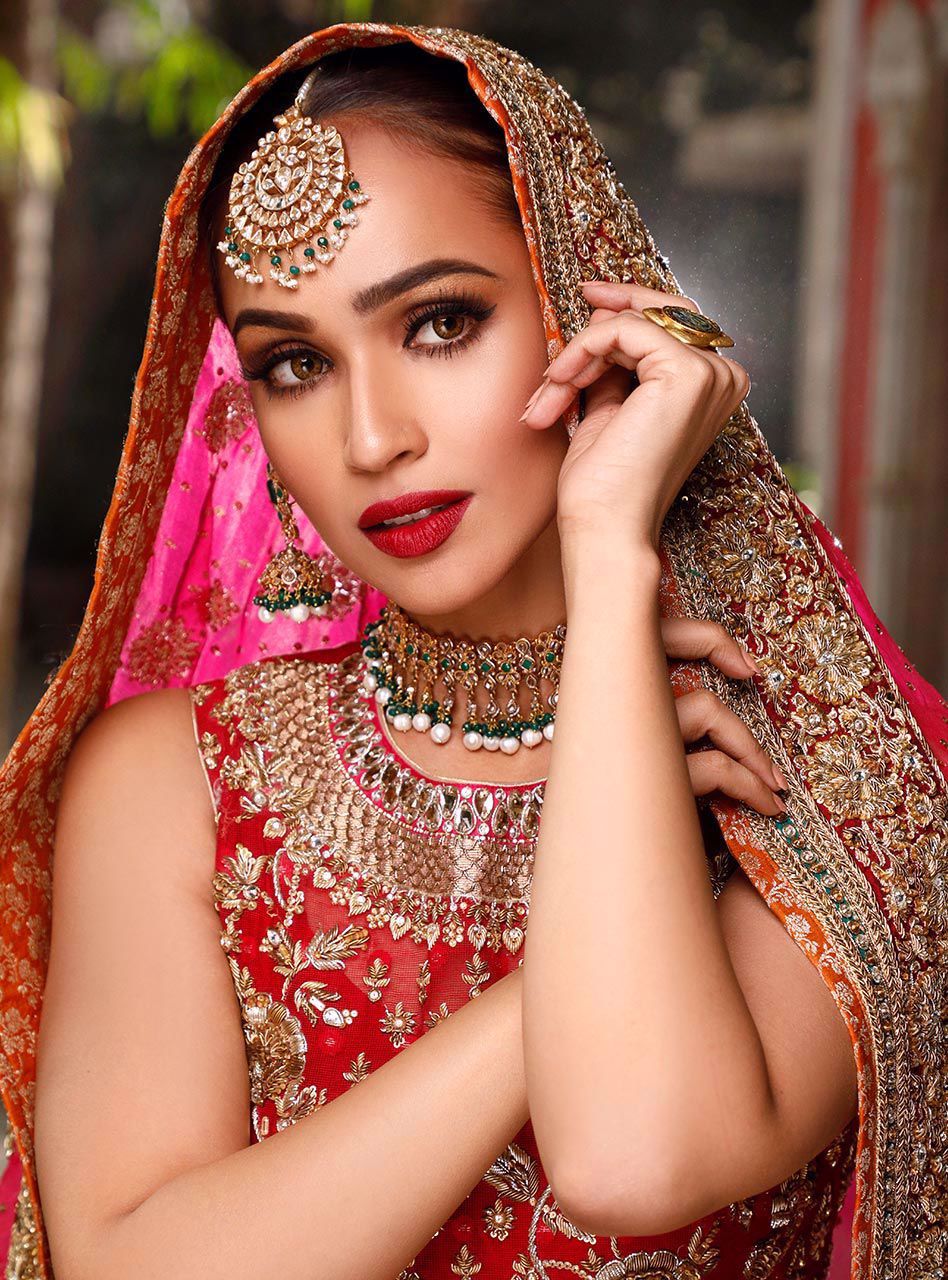 Red Bridal Lehenga with Embroidery for Wedding Close Up