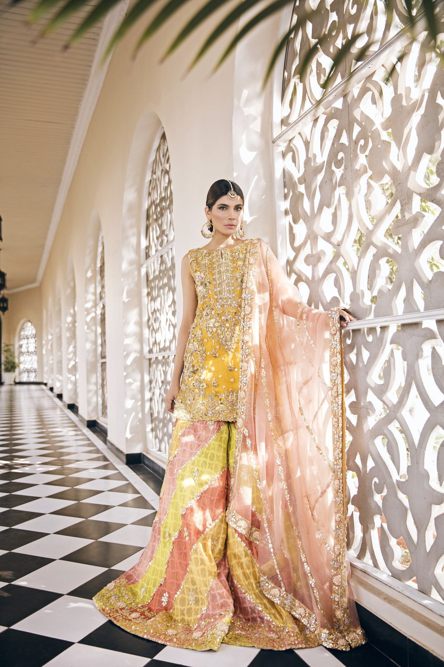 Latest Pakistani embroidered bridal mehndi dress In yellow color # B6112