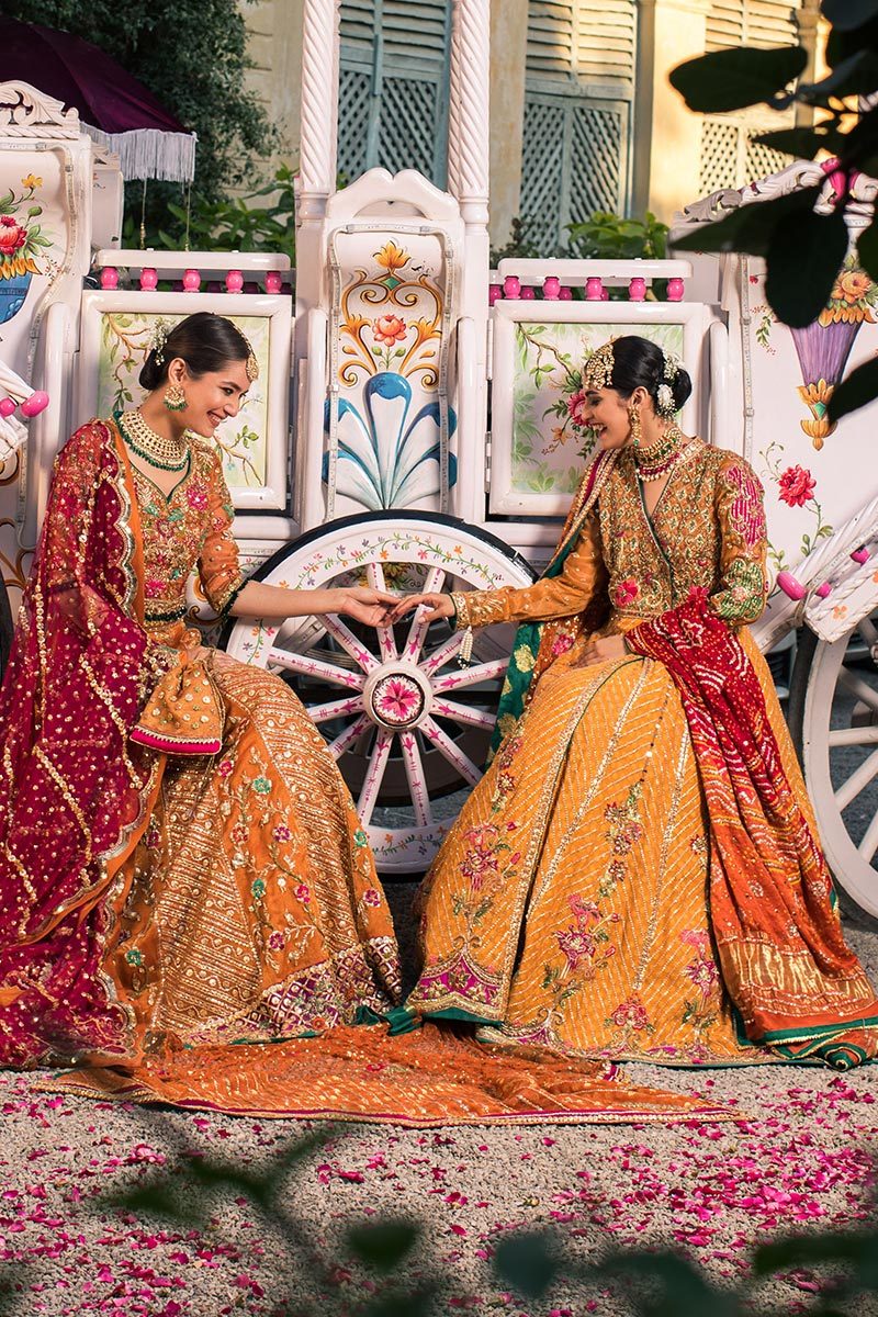 Latest embroidered designer bridal outfit in mustard orange color # B6122