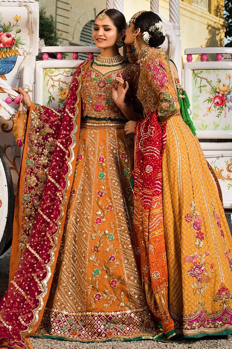 Latest embroidered designer bridal outfit in mustard orange color # B6122