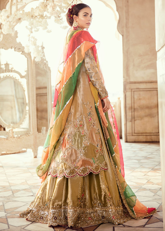 Pakistani Bridal Lehnga In gold pink Color With embroidered work # B6109