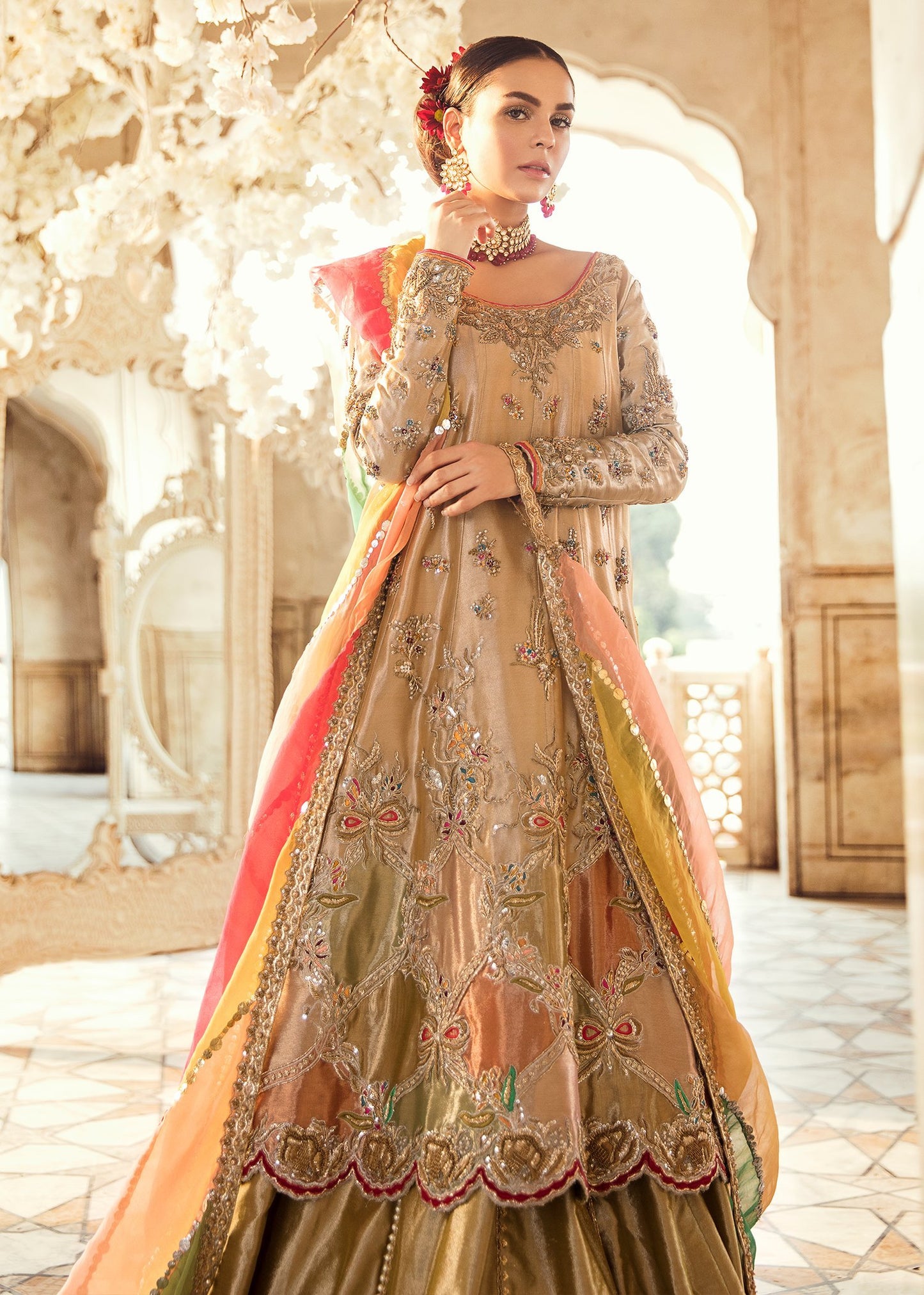Pakistani Bridal Lehnga In gold pink Color With embroidered work # B6109