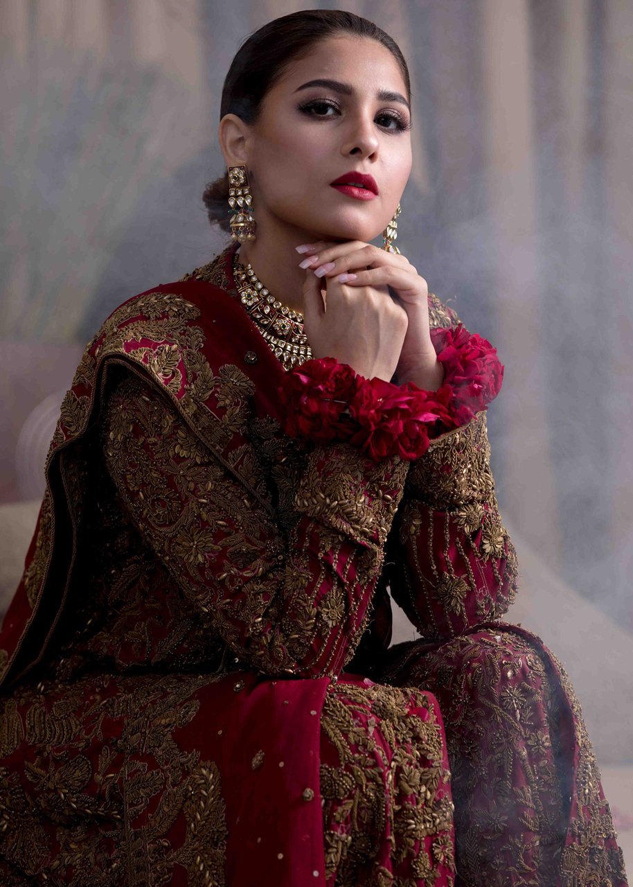 Pakistani Bridal Gown In Red Color With Dull Gold Embroidered Work # B6103