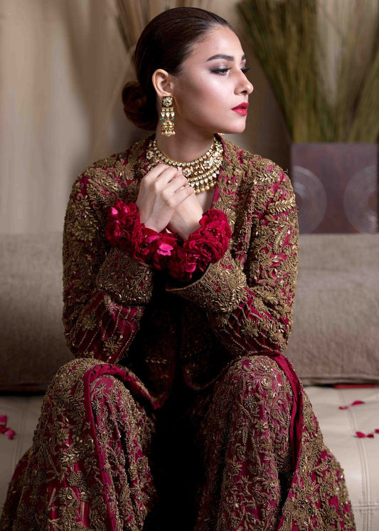 Pakistani Bridal Gown In Red Color With Dull Gold Embroidered Work # B6103