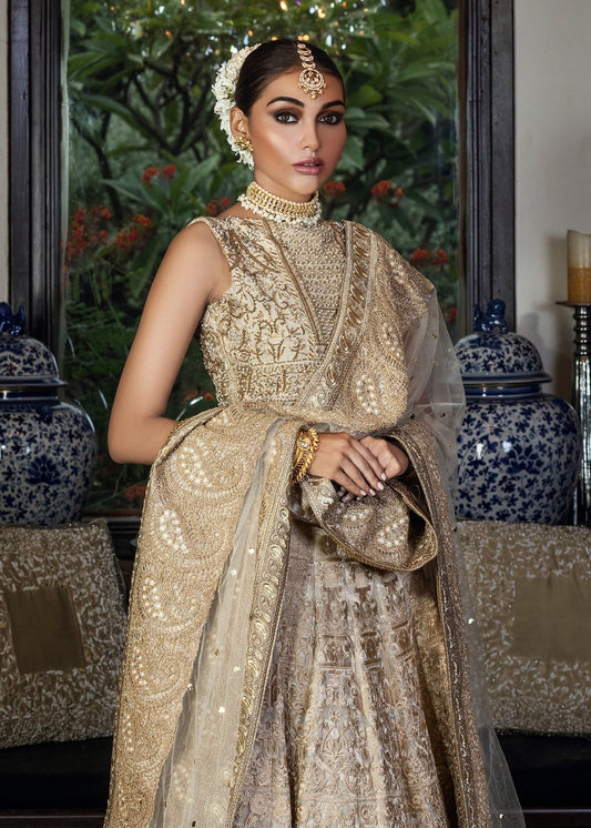 Bridal Lehnga Online In Champagne Color With Golden Embroidered Work