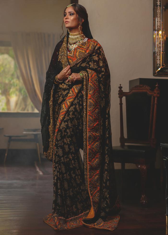 Bridal Saree with Heavy Embroidery Work in Black Color