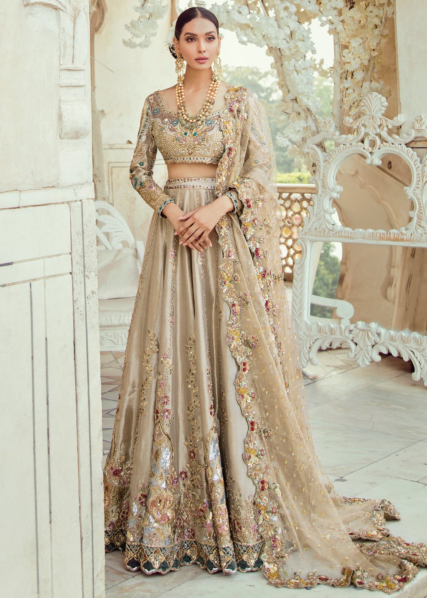 Beautiful Pakistani bridal lehnga dress online in champagne color # B6107