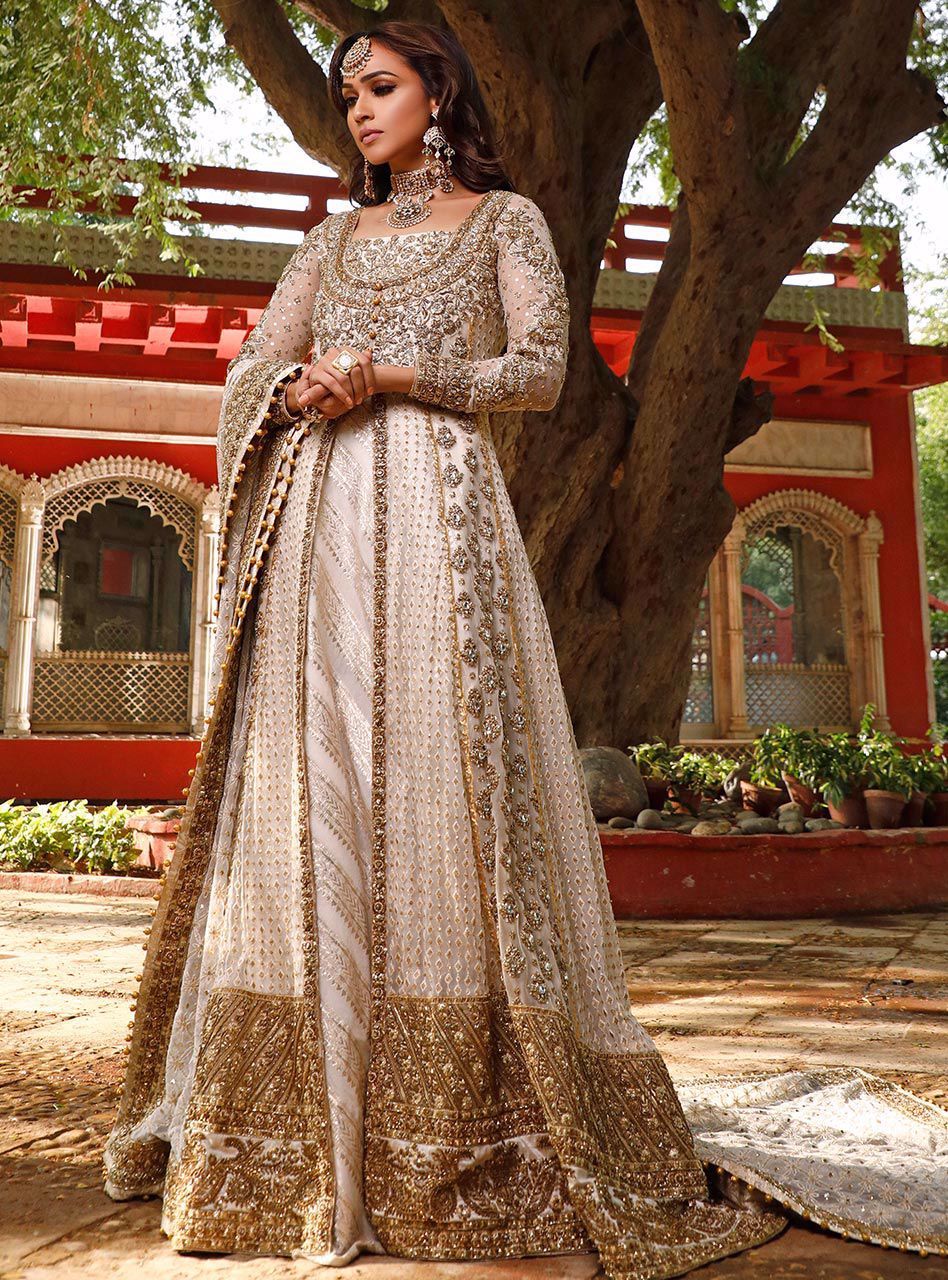 ivory wedding dress indian Ivory Net Nikka Dress, Pakistani Wedding Outfit, Embroidered Bridal Gown