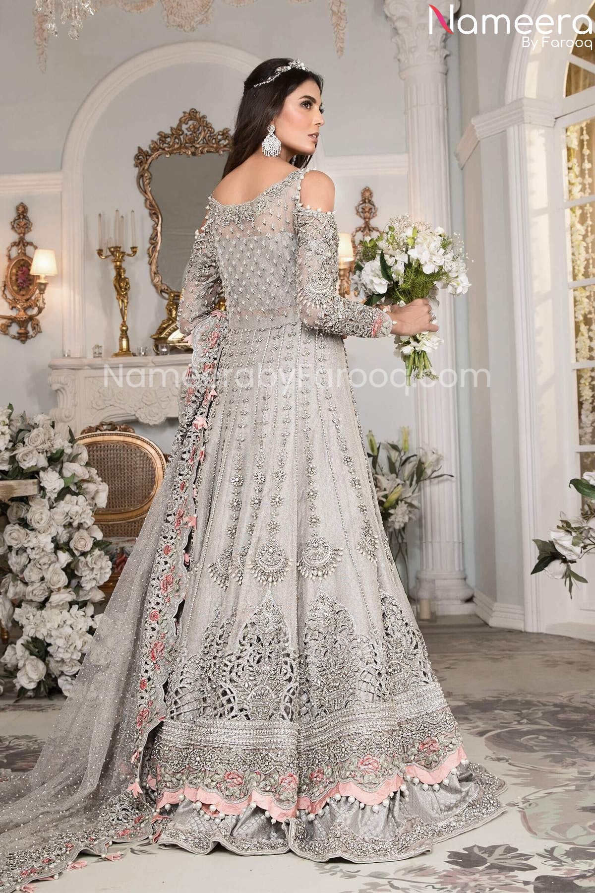 Buy Bridal Grey Tone Flared Lehenga In Silk – Siya Fashions