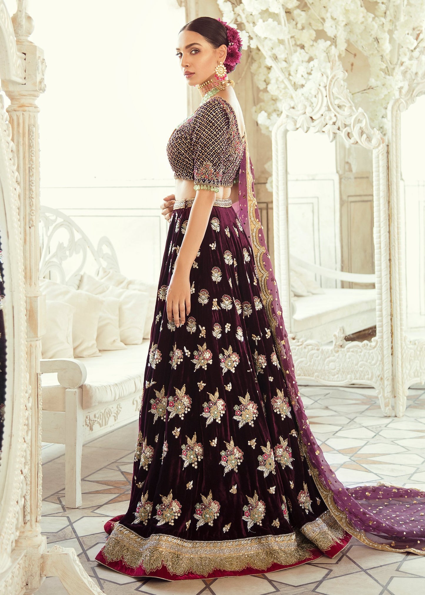 Pakistani Lehnga for Bridal In plum Color With velvet embroidered work # B6110