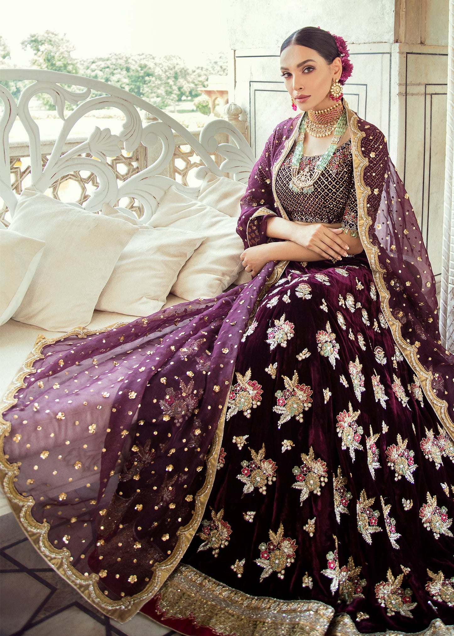 Pakistani Lehnga for Bridal In plum Color With velvet embroidered work # B6110