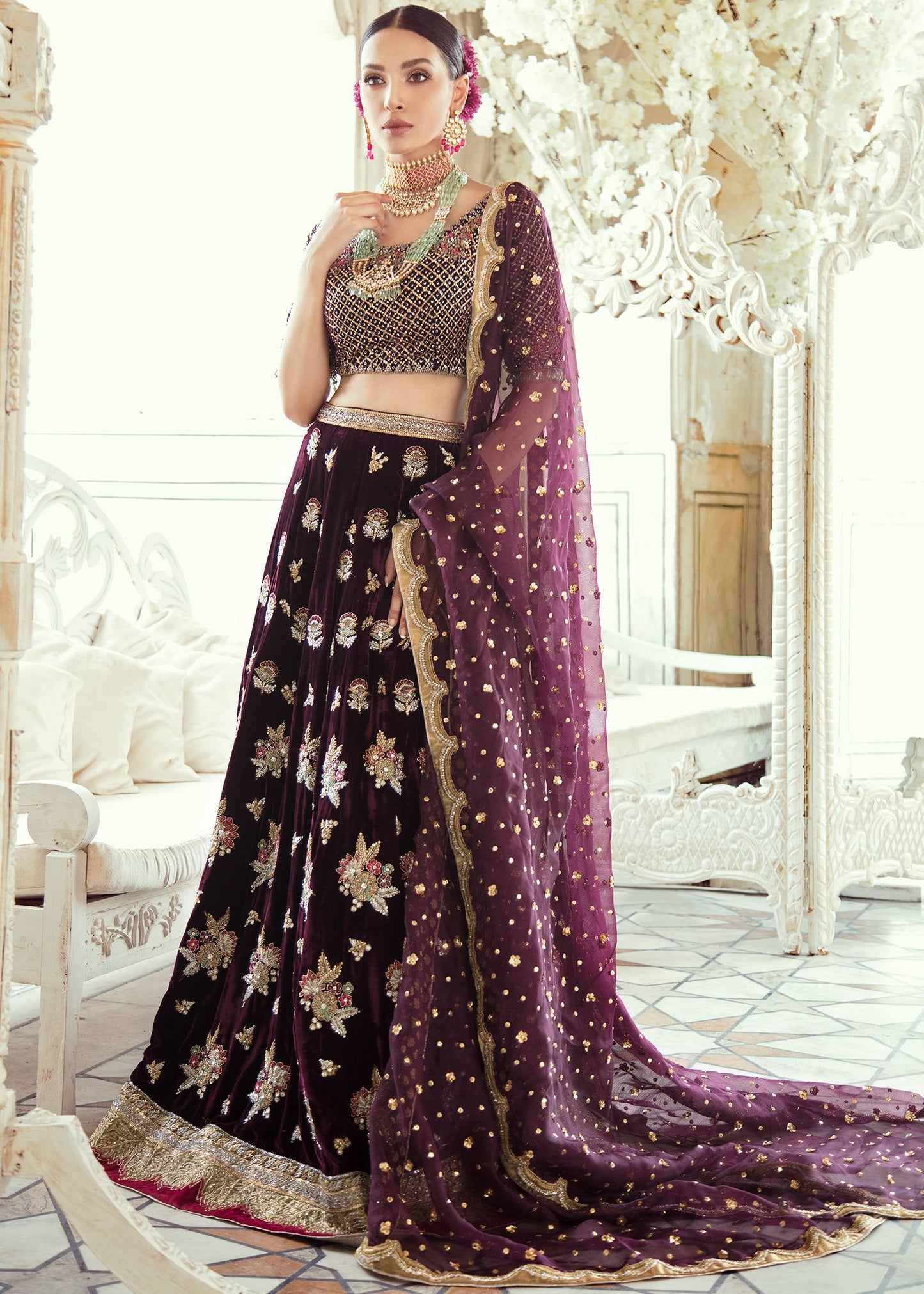 Pakistani Lehnga for Bridal In plum Color With velvet embroidered work # B6110