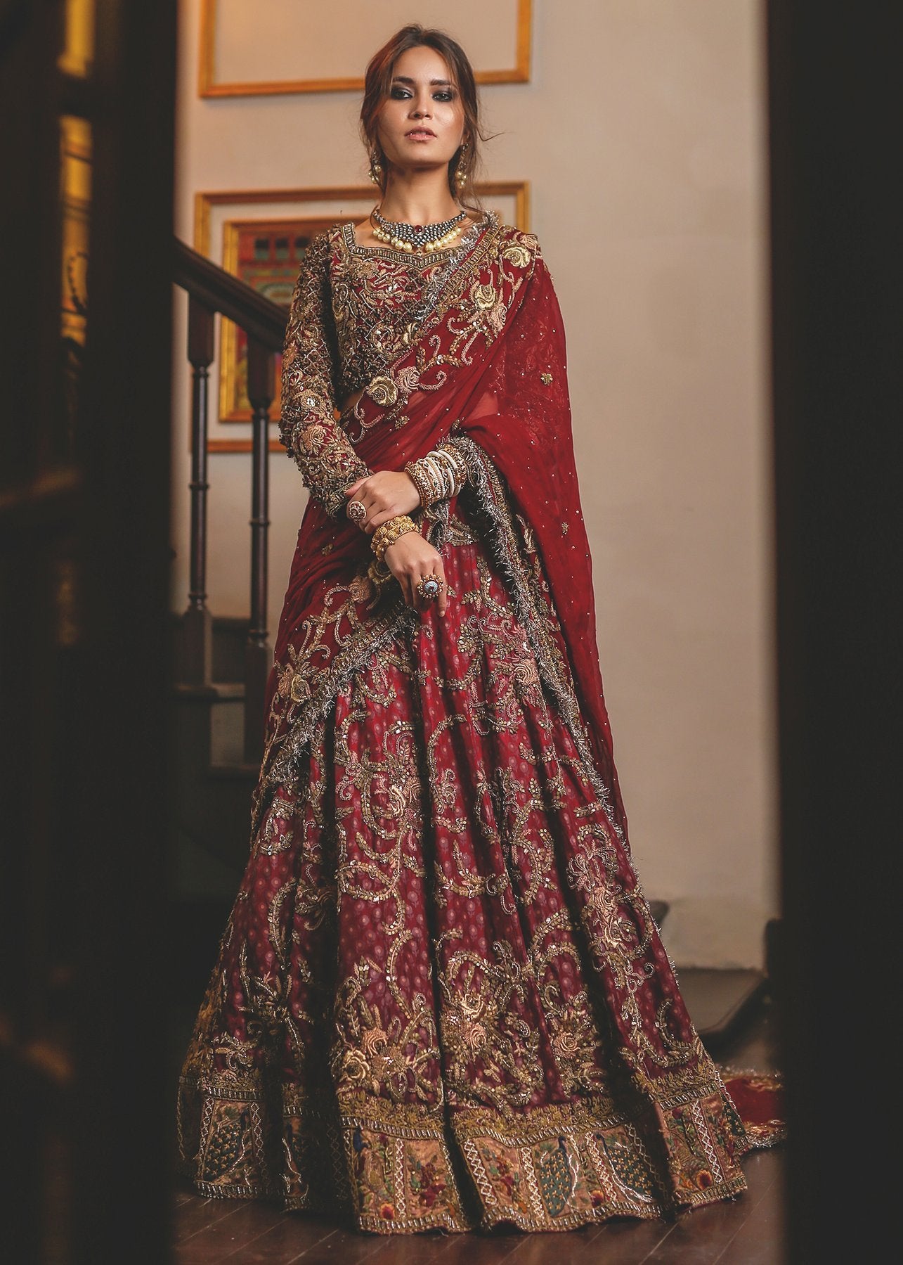 Pakistani Bridal Lehnga Outfit In Red Color Fully Embroidered