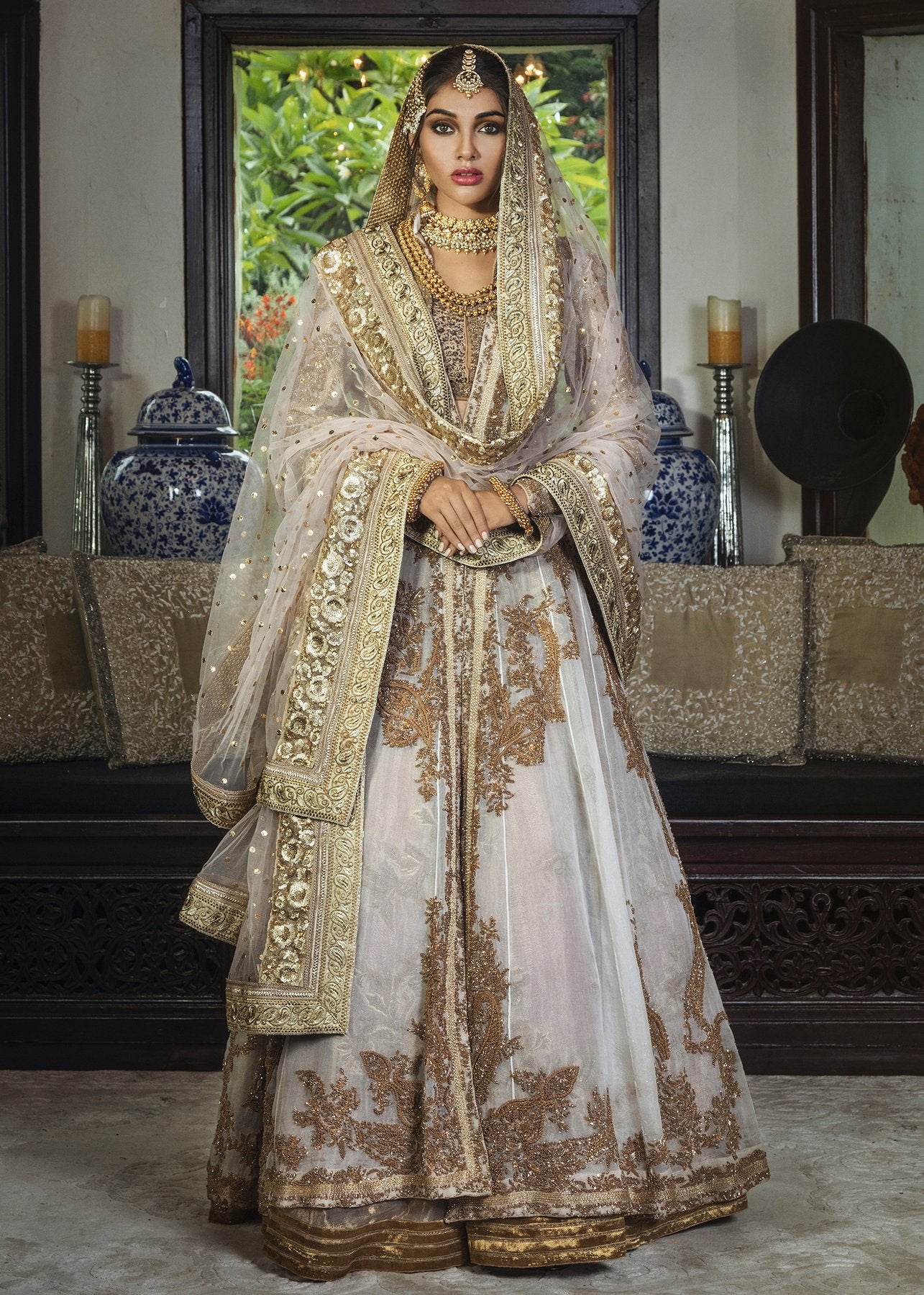 Pakistani Bridal Lehnga In Champagne Color With Golden Embroidered Work # B6100