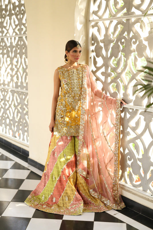 Latest Pakistani embroidered bridal mehndi dress In yellow color # B6112