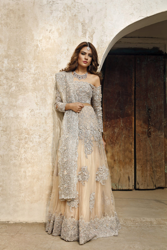 Latest Pakistani embroidered bridal walima dress In peach color # B6114