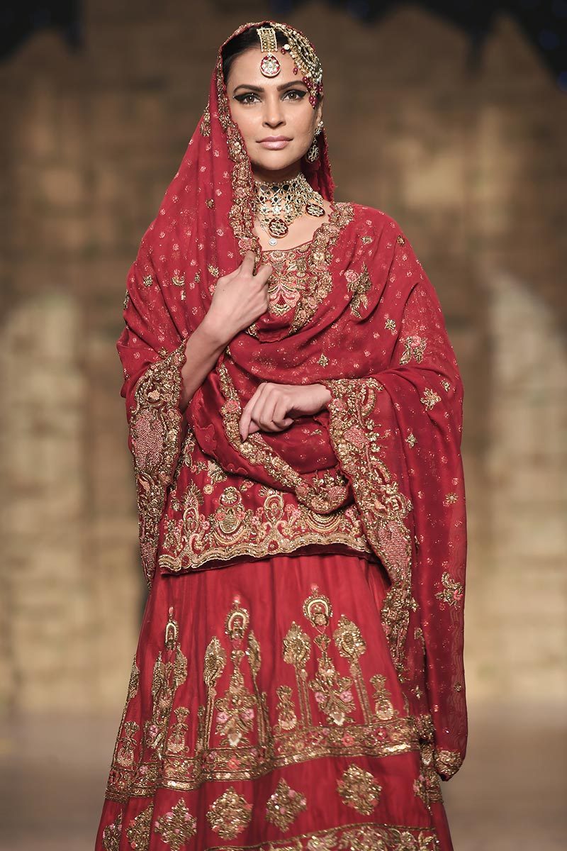 Latest Pakistani embroidered designer bridal dress in red color # B6121