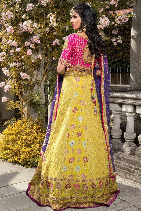 Latest Pakistani embroidered bridal dress in yellow, pink and blue color # B6119