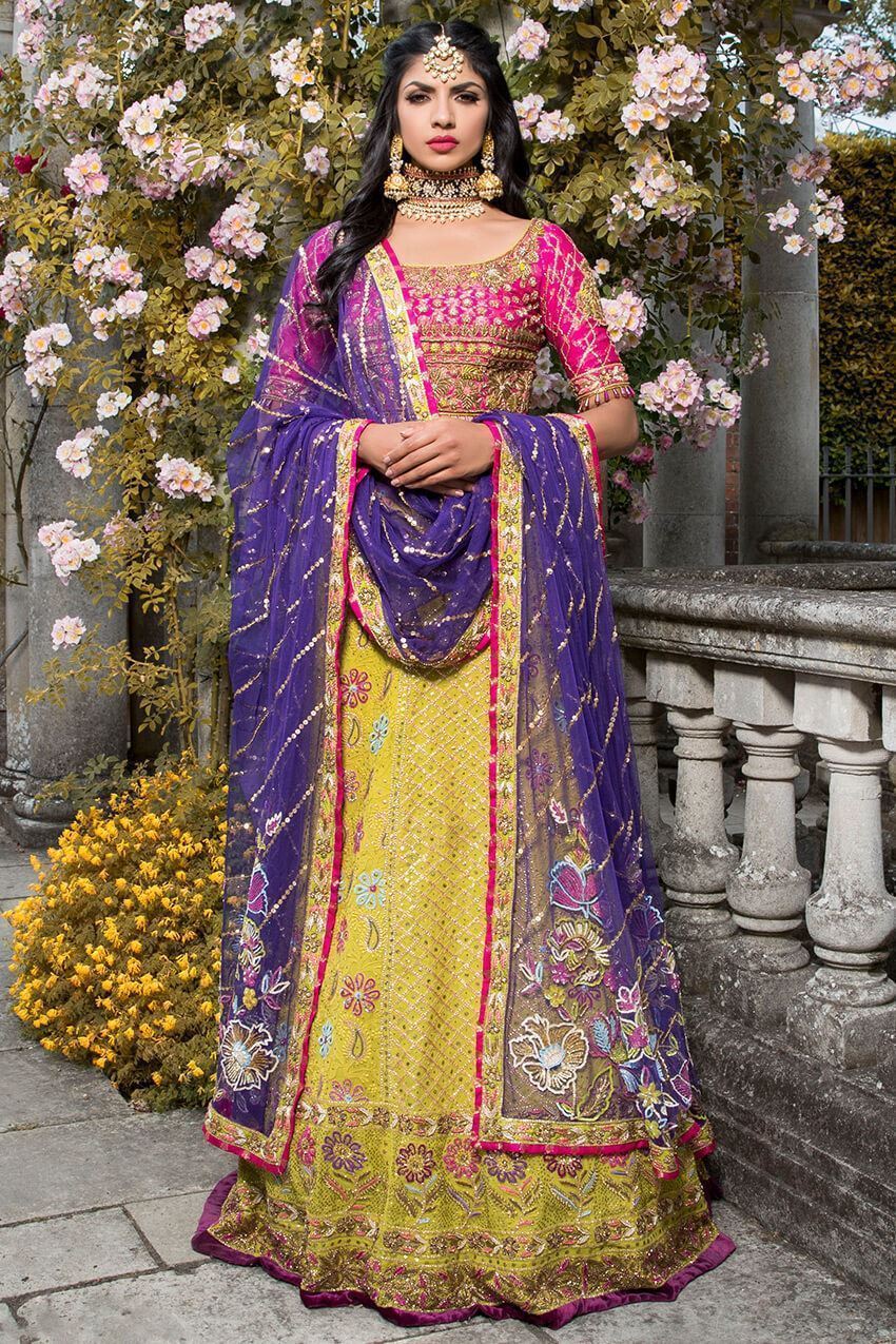 Latest Pakistani embroidered bridal dress in yellow, pink and blue color # B6119