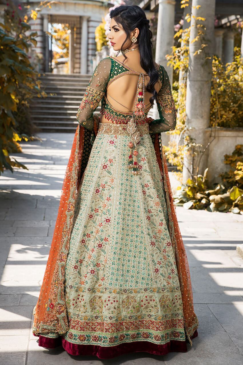 Latest Pakistani embroidered bridal outfit in green and orange color # B6120