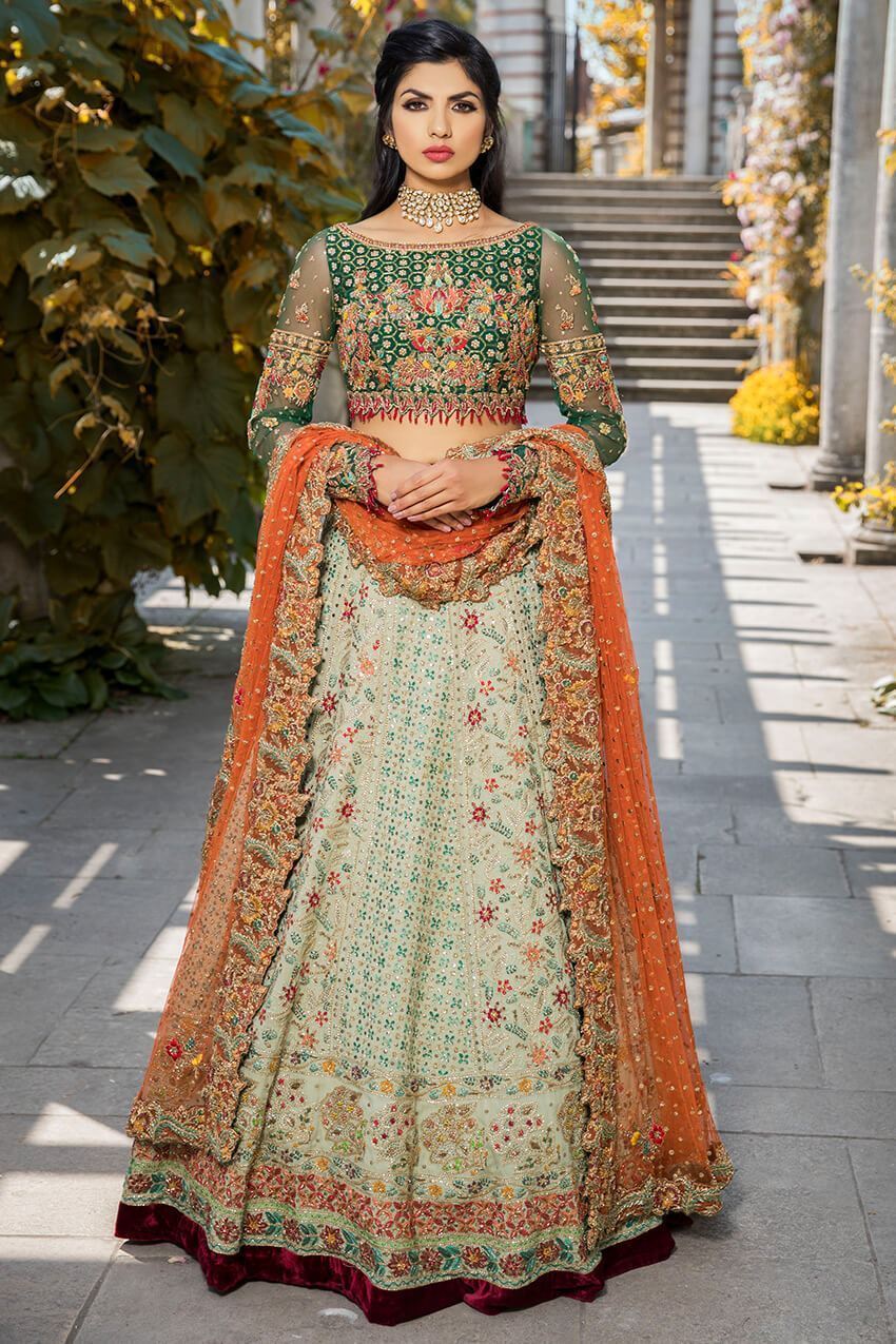 Latest Pakistani embroidered bridal outfit in green and orange color # B6120