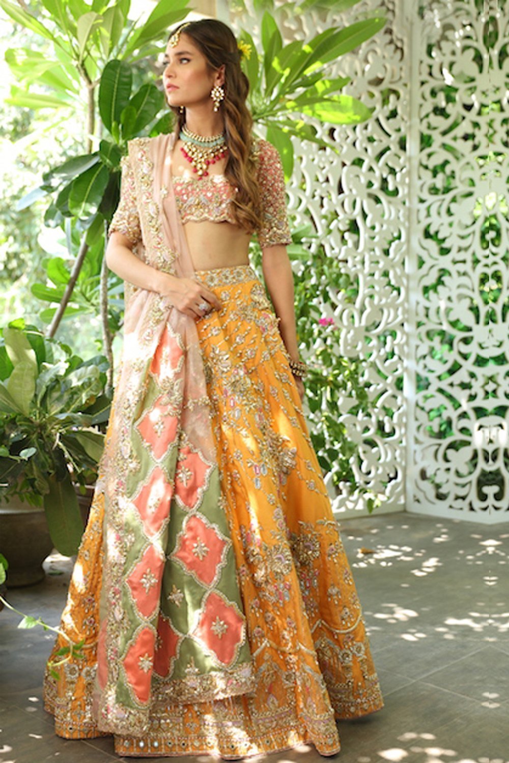 Latest embroidered Bridal lehenga choli dress In yellow and peach color # B6115